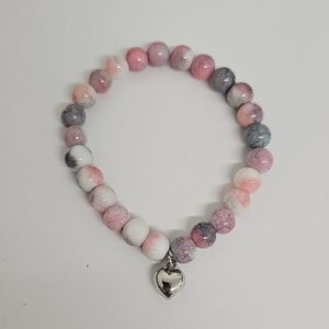 Chic Pink and Gray and White Glass Beaded Bracelet with Silver Heart Charm